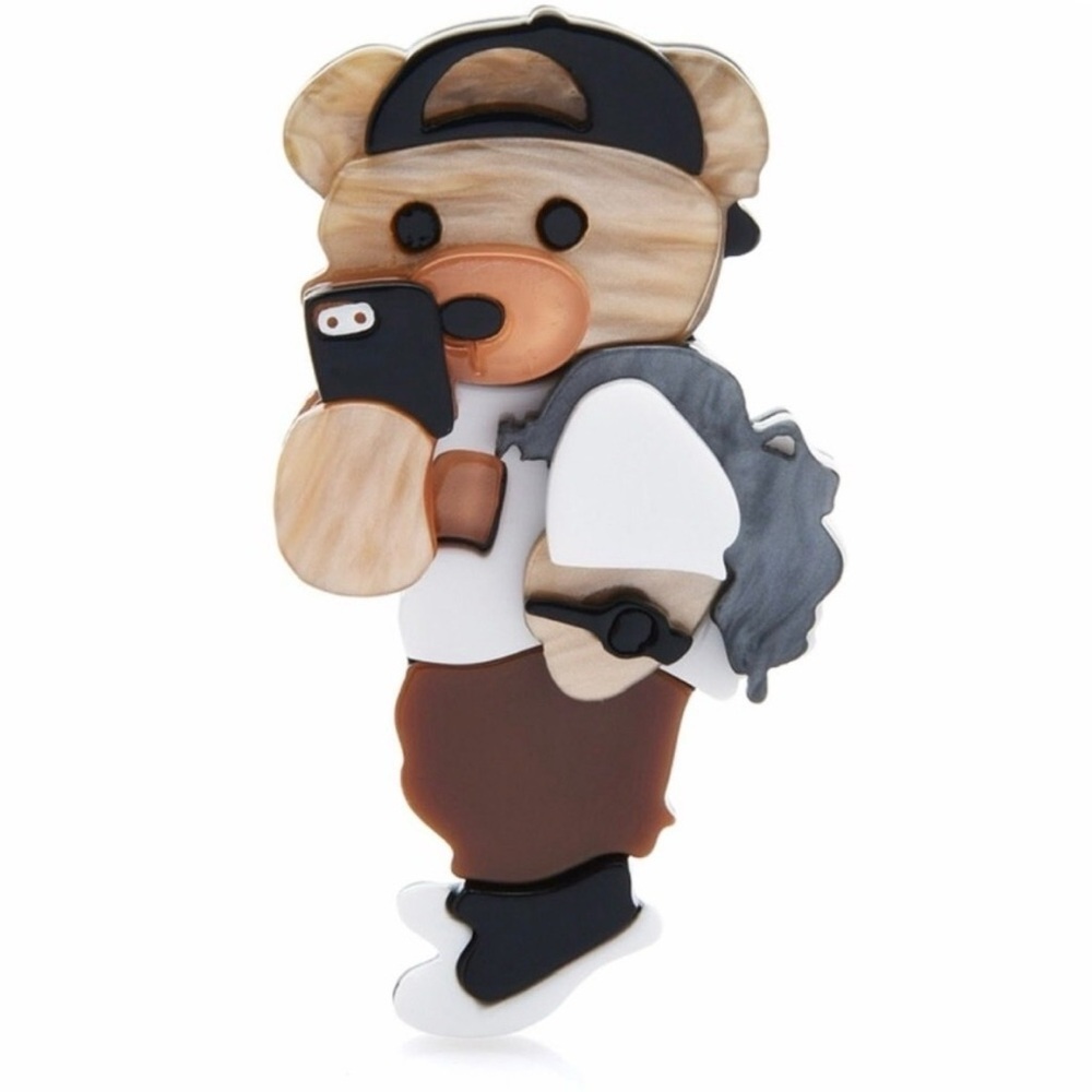 Cute Bear Brooch with Backpack taking a Picture